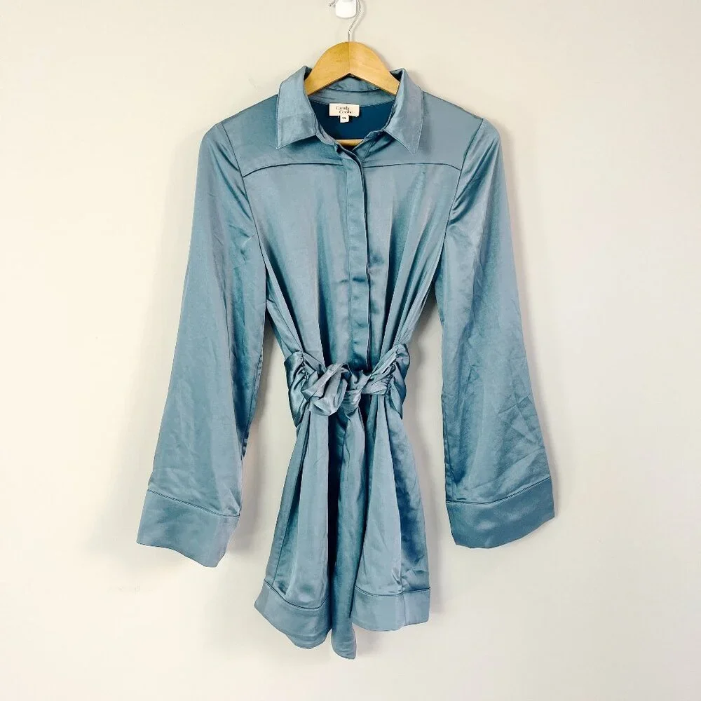 Camila Coelho Satin Shirt Dress in Dusty Blue